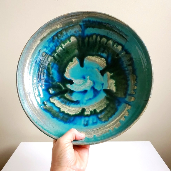 Large Mid Century Teal Glazed Studio Art Pottery Bowl, Signed - Picture 5 of 16